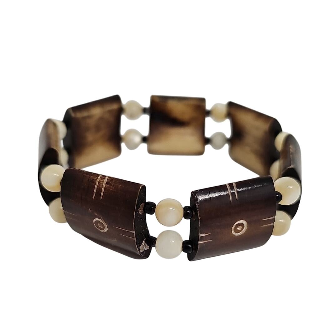 Handcrafted Chic Wooden Bracelet w/Cream Accents Pearly & Black Beads Polished